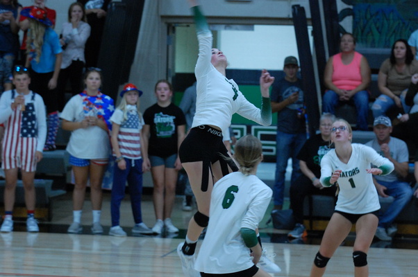 Kenzie Dahl rises up for an attack during the Gator Volleyball team’s 3-0 home win over the Warroad Warriors on September 19. Dahl led the Gators in kills with 13. (photo by Ryan Bergeron)