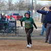 Kailey Hanson lets out a celebratory yell after scoring the game-winning run during the Gators’ five-run seventh inning rally, capping the team’s 9-8 walk-off home win over the Roseau Rams on April 11. All seven Gator batters in the seventh inning reached base. (photo by Ryan Bergeron)