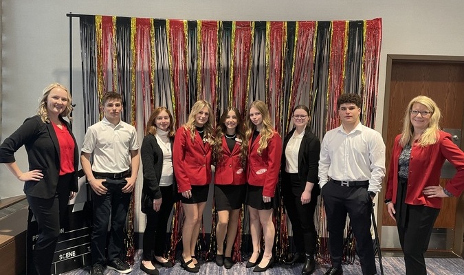The Badger FCCLA Chapter members pose for a group photo at the Minnesota FCCLA State Leadership Conference from the Hyatt Regency Minneapolis, April 6-9, an event that saw four of the chapter’s students advance to the FCCLA National Leadership Conference in Seattle, June 29 - July 3, 2024. Pictured are (L-R): co-adviser Kaitlyn Walsh, Keegan VonEnde, Paige Rybakowski, Bethanie VonEnde, Emily Burkel, Ave Hanson, Ava Warne, Alvaro Alves Sanchez, and co-adviser Gretchen Lee. (submitted photo)