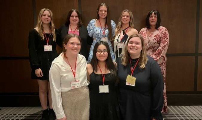 Greenbush-Middle River FCCLA Chapter members pose together at the Minnesota FCCLA State Leadership Conference from the Hyatt Regency Minneapolis, April 6-9, where five earned their way to the National Leadership Conference in Seattle, June 29-July 3, 2024. Pictured are (L-R): Front: Brylie Kjersten, Delilah Nuriddinova, and Meagan Otto; Back: Madi Pulk, Audrey Gust, Sierra Westberg, Kayle Vacura, and adviser Laura Dahl. (submitted photo)